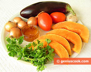 Ingredients for Simmered Eggplant and Pumpkin