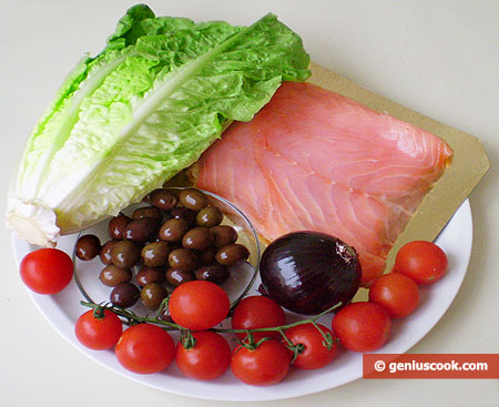 Ingredients for Salad with Salmon, Olives and Red Onion
