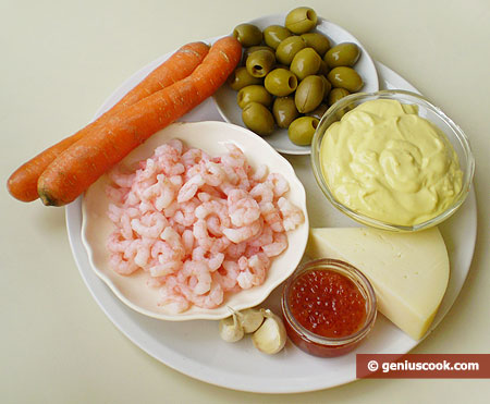 Ingredients for Salad with Shrimps, Caviar and Cheese