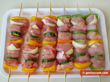 chicken fillet with vegetables on skewers