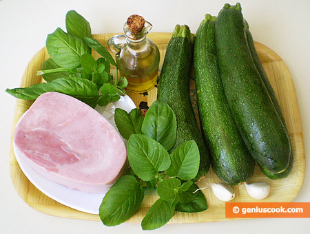 Ingredient for salad with zucchini, ham, mint