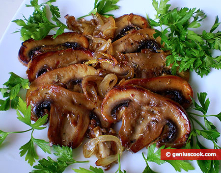 Field Mushrooms Fried with Onion in Olive Oil