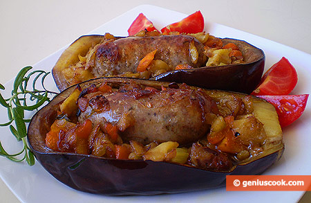 Eggplants Stuffed with Small Sausages and vegetables