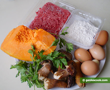 Ingredients for Ravioli with Pumpkin, Meat and Mushrooms