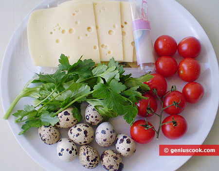 Ingredients for Canape with Quail eggs, Cheese and Tomatoes