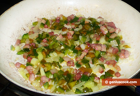 pancetta cubes, fry with pepper and onion