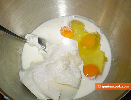 sugar, Mascarpone, ricotta, cream and eggs into the cup