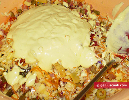 Mix rice, vegetables, panchetta, cheese and dress with mayonnaise