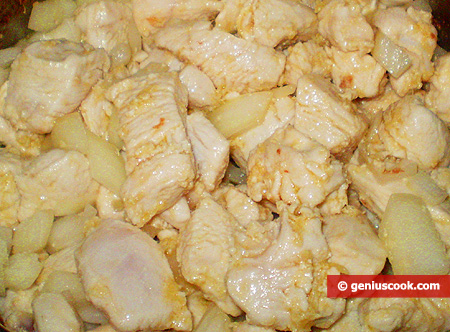 Add chicken cut into pieces and onion