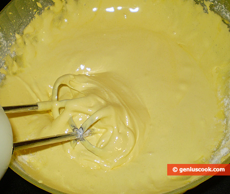 Whip up yolks with sugar until cream-like, add flour, some milk