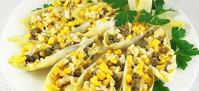 Endive Appetizer with Corn, Cheese and Capers